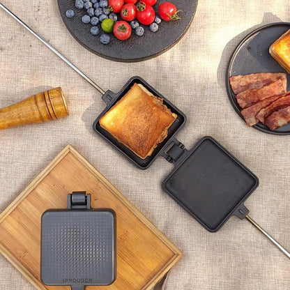 IPROUDER Campfire Pie Iron 4.9" Large Cast Iron Sandwich Maker for Camping 4 Pcs with Storage Bag - 22.6 inch Thickened Handles - Campfire Cooking Equipment for Grilling & Outdoor Cooking
