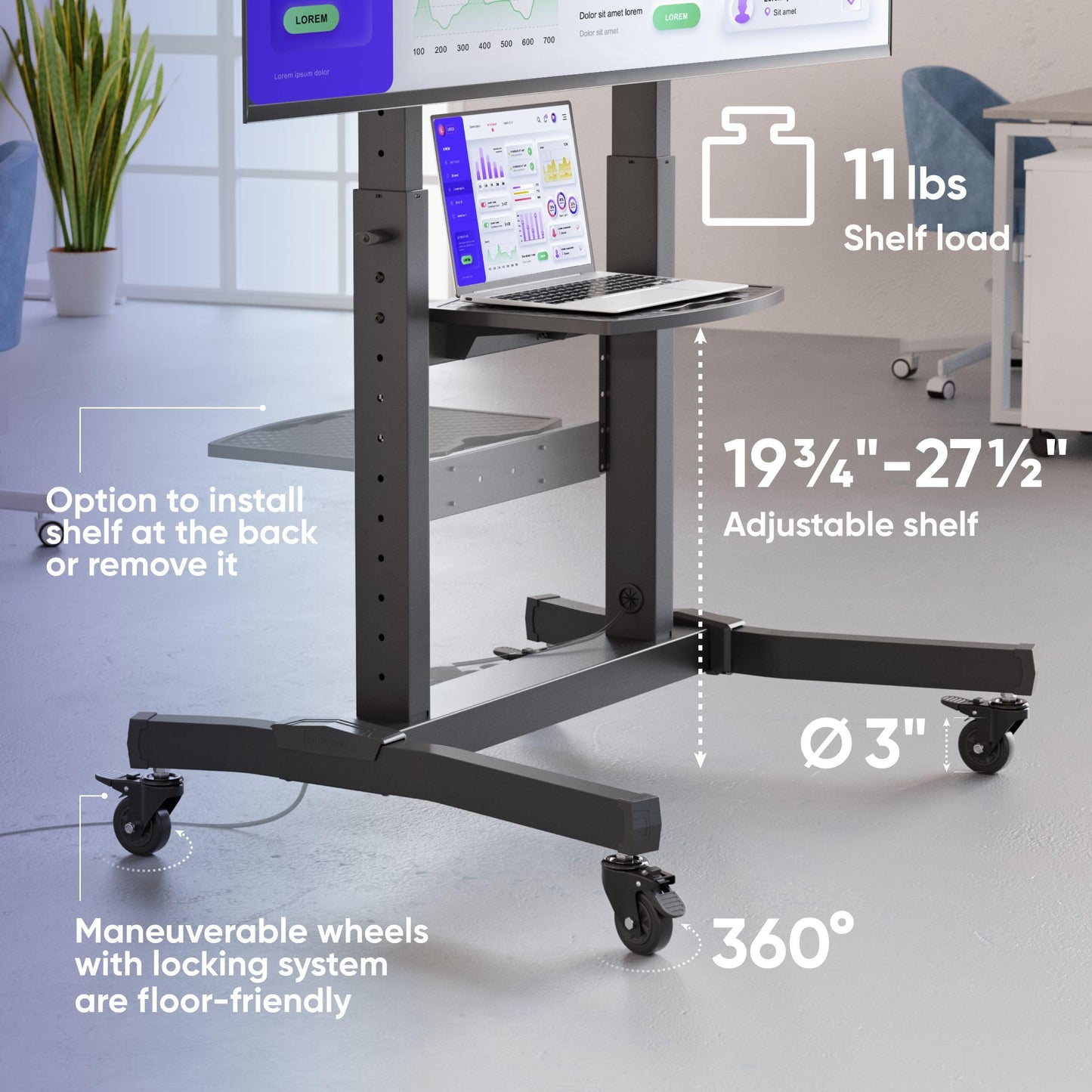 ONKRON Mobile TV Stand on Wheels for 50 - 100 Inch Screen, max Load 286 lbs, Height Adjustable, Tilting, Portable Stand, max VESA 1000x600, Tall Heavy Duty TV Cart Rolling TV Stand with Shelf Black