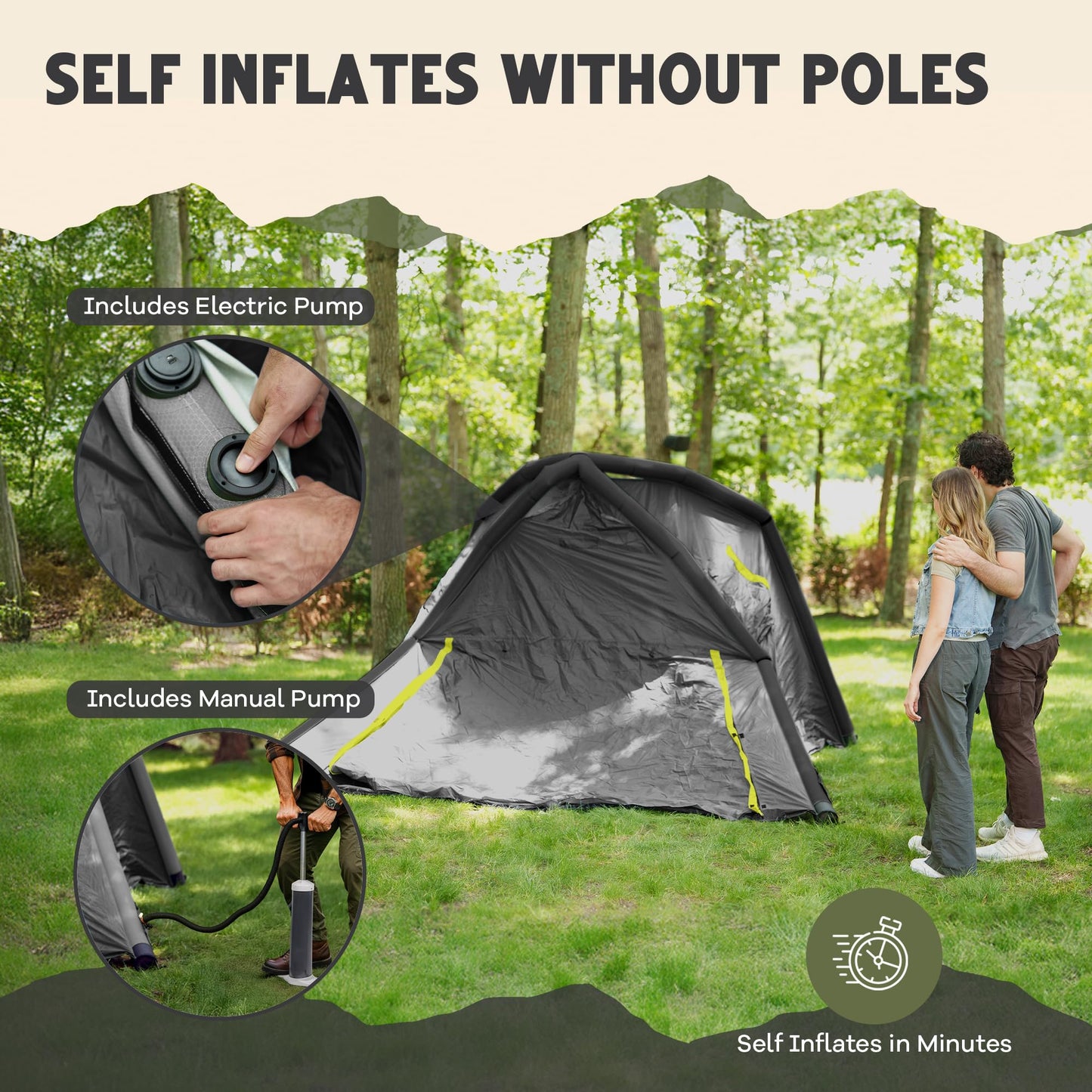 Oaktiv Inflatable Tents for Camping - CloudCamp 4-6 Person Blow Up Tent, Self Inflating Glamping Tent with Pump, 210D Oxford Waterproof, UV50+ Protection, 4-Season Air Tent for Adults