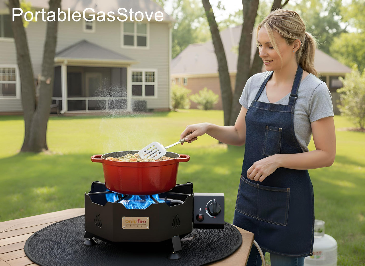 ONLYFIRE GRILLS Portable Gas Burner with Adjustable Removable Legs, Propane Camping Stove for Backyard RV Tailgating Outdoor Cooking, for Wok, Skillet, Frying Pan, Pot, 4FT Hose, 65000BTU, GS301
