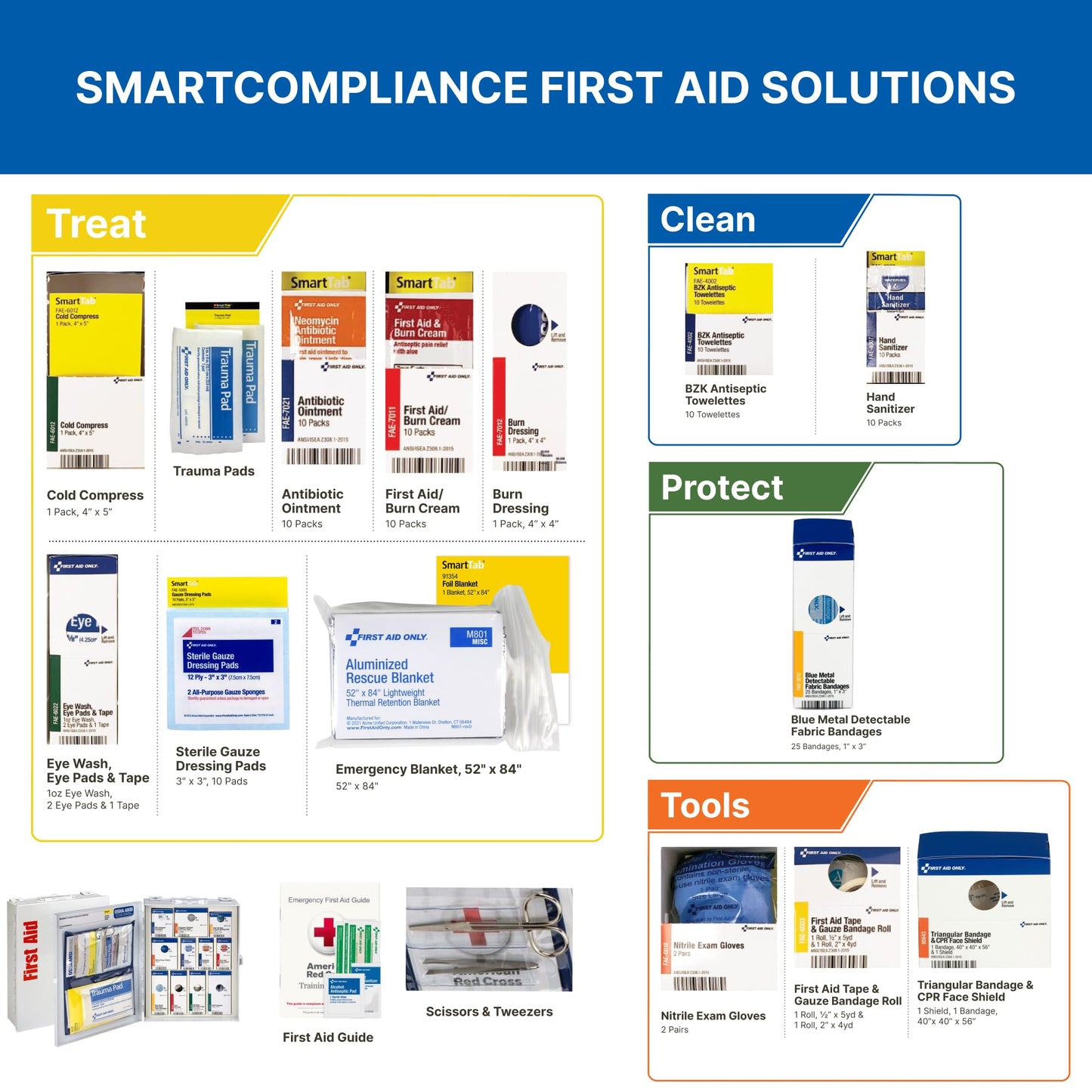 First Aid Only 90658 25-Person SmartCompliance First Aid Kit for Businesses, ANSI 2015 Compliant Metal Food Service First Aid Cabinet, 94 Pieces