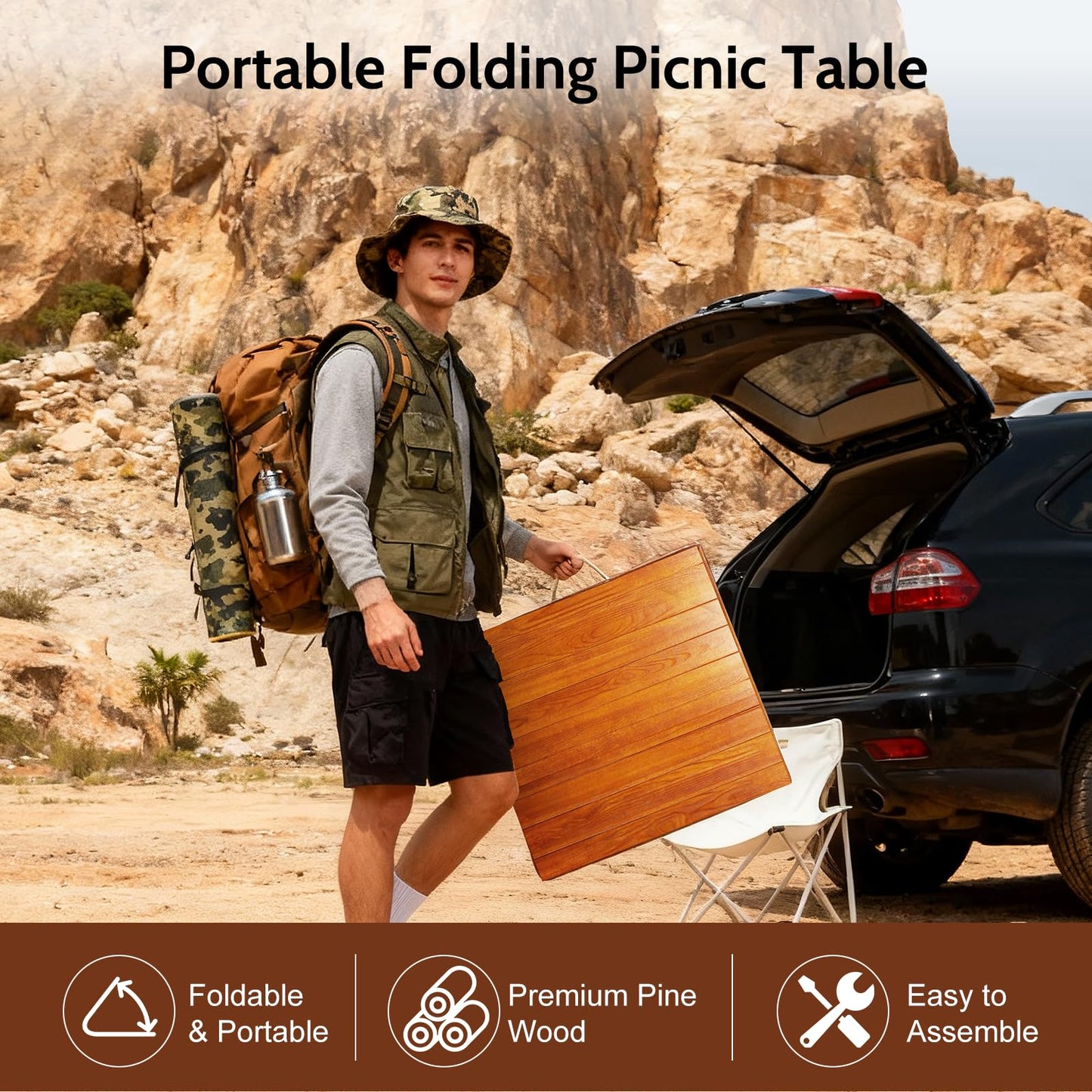 LCKJZYL Folding Picnic Table with Table Runner, 60 * 30in Wooden Picnic Table for Outdoors, Boho Low Coffee Table for Sitting on The Floor, Suitable for Beach, Park, Garden, Camping, Travel(Brown)