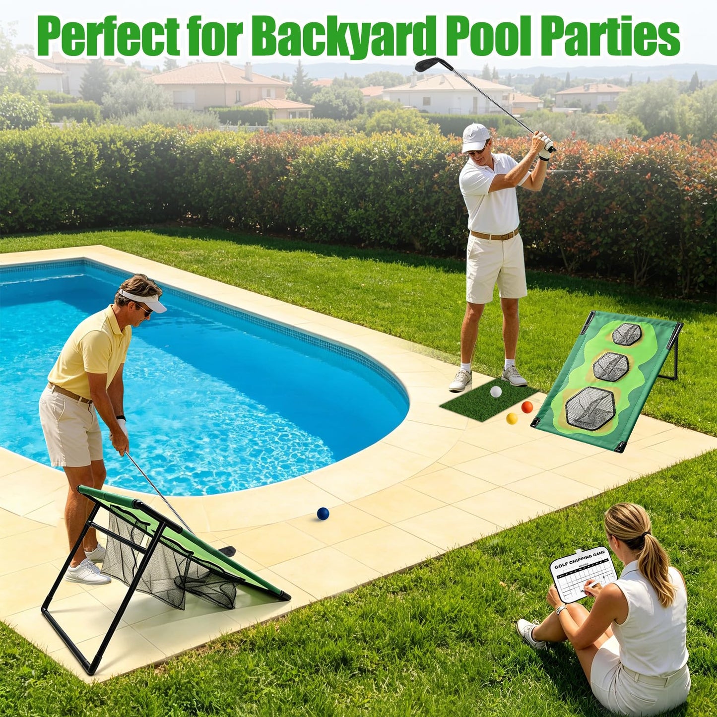 Bpbdzz Golf Chipping Game Set with 2 Clubs & 1 Scoreboard - 2 Target Nets, 2 Turf Mats, 16 Foam Balls, Score Pen & Bag - Indoor/Outdoor Golf Training for Adults/Family