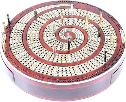 House of Cribbage - Cribbage Board Spiral Design Round Shape 4 Tracks Bloodwood/Maple with Place for Skunks Corners &amp Won Games