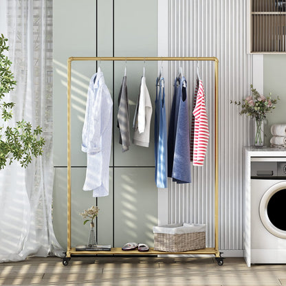FONECHIN Industrial Gold Clothing Racks on Wheels, Boutique Display Gold Clothes Rack with Shelf, Rolling Garment Rack for Retail Use