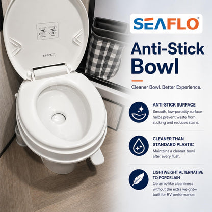 SEAFLO RV Toilet, Residential Height 18.4", Gravity Flush Foot Pedal, Soft Close Seat, Camper Toilet for RV Motorhome Travel Trailer, White, SFRTPH-01-01, 4-Year Warranty