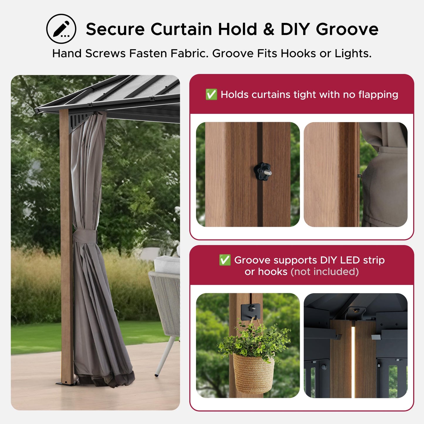 SUNJOY Kingston 16' x 12' Hardtop Gazebo with Galvanized Steel Double Roof, Curtain and Netting, Woodgrain Finish Aluminum Posts Permanent Pavilion Gazebo for Garden, Patio, Deck, Lawn