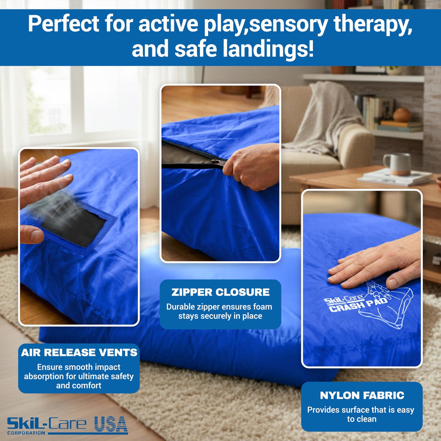 Skil-Care Crash Pad for Kids | Sensory Crash Mat for Active Play | High-Density & Soft Foam Blocks Landing Zone | Kids Jumping Pillow for Indoor & Outdoors Use with Durable Nylon Cover - 5x5 feet