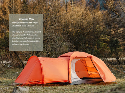 Montiro Triphyr Backpacking Tent with F-Nexus Extension 2-Person Combo, Attachable Shelter, Lightweight 2 Person Tent with Footprint & Vestibule for Backpacking Camping Hiking & Biking (Orange)