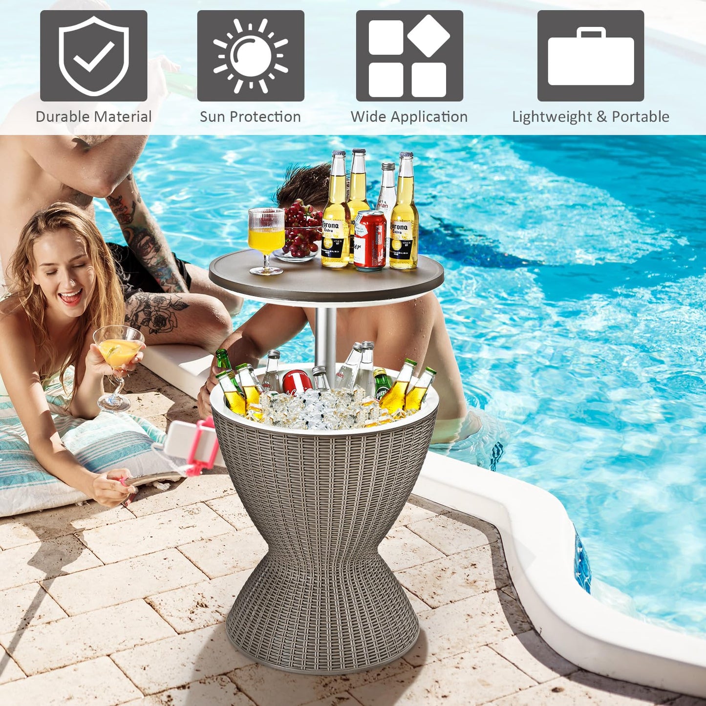 Byroce Outdoor Cooler Side Table, Patio Bar Table w/ 8 Gallon Beer & Wine Cooler, Rattan Style Pool Side & Hot Tub Table, All-Weather Cocktail Table for Parties, Backyard, Deck