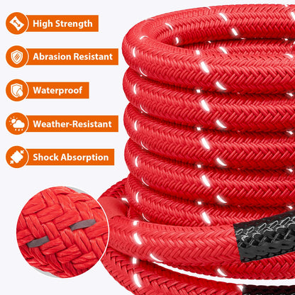 Kinetic Recovery Tow Rope - 1.26" x30FT 55000LBS Reflective Heavy Duty Snatch Strap Kit with Soft Shackles for Offroad Pulling Truck SUV UTV ATV Car Jeep - Red