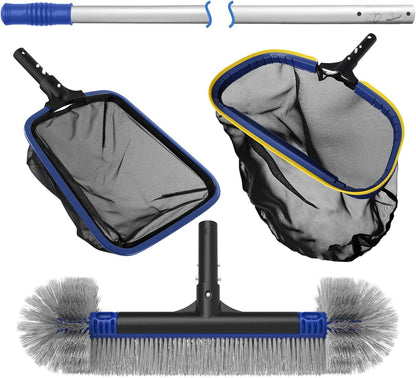 Poolvio 5-in-1 Pool Cleaning Kit - Semi-Deep Skimmer Net, Aluminum Leaf Rake & 20' Brush with 13ft Pole