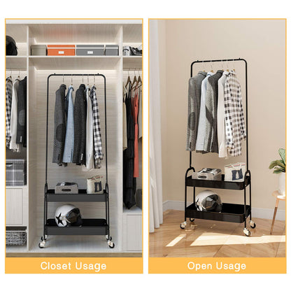 KINGRACK 2-in 1 Garment Rack, Clothing Rack with 2 Tier Metal Basket, Rolling Storage Cart Clothes Organizer Coat Rack Storage Stand on Wheels, for Home Bedroom Laundry Small Place Entryway, Black