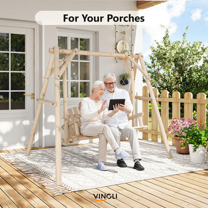 VINGLI Heavy Duty 880 LBS Wooden Patio Porch Swing with A-Frame Stand, Hanging Swing Bench Chair with Frame for Outside, Yard, Garden (Natural)