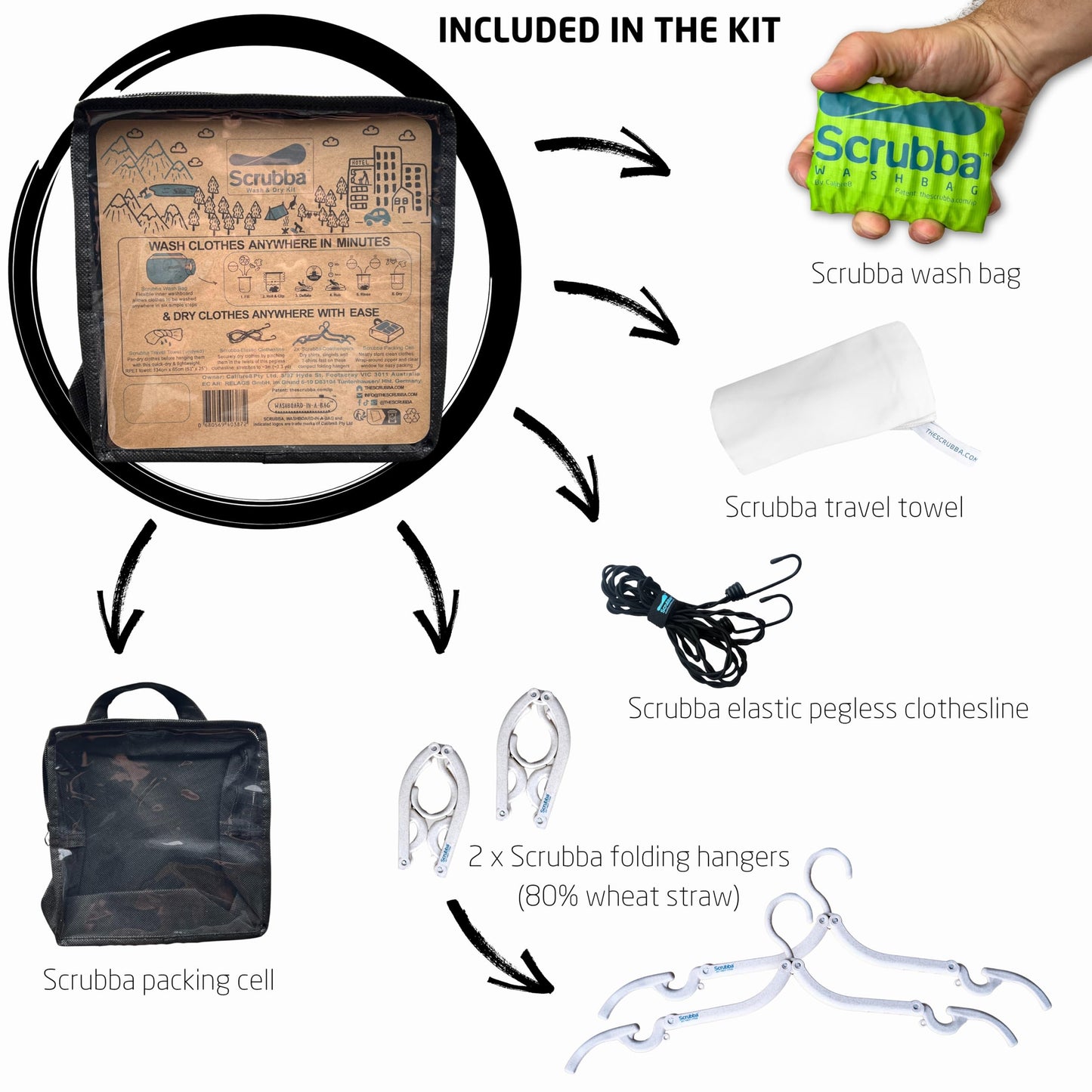 Scrubba Portable Wash Bag Untouched Kit (5 Pieces) – White Undyed, Unbleached, Hand Washing Machine System for Hotel, Hiking & Travel Wash – Light and Small Eco-friendly Camping Washer and Dryer