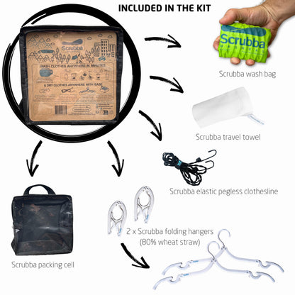 Scrubba Portable Wash Bag Untouched Kit (5 Pieces) – White Undyed, Unbleached, Hand Washing Machine System for Hotel, Hiking & Travel Wash – Light and Small Eco-friendly Camping Washer and Dryer
