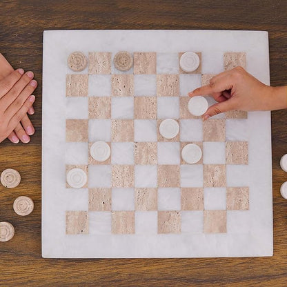 Marble Checkers Set 15 Inches Handmade White and Travertine Checkers Board Game with Checker Pieces - Board Games for Adults Game Table Accessories Gifts &amp Home Décor
