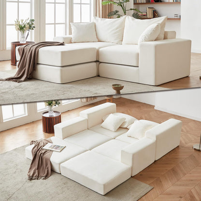 Modular Sectional Loveaeat Cloud Sofa, Boneless Couch with Non Slip Base, Modern Sleeper Sofa for Customizable Living Spaces, Cozy Modular Couch with L-Shape Chaise, Deep Seat & No Assembly, Beige