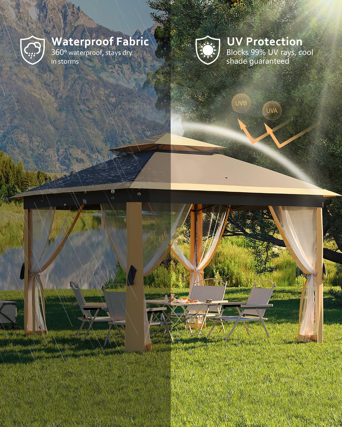 11x11 Pop-Up Gazebo, Instant Outdoor Canopy Tent with Netting, Durable Steel Frame, Water-Resistant Outdoor Gazebo for Patio, Garden, Courtyard, Party, Light Khaki+Dark Khaki
