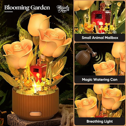 Magical Blooming Rose Building Set for Mom - Electric Moving Flower Blocks with Interactive Sound &amp LED Light Best Birthday for Women Grandma Wife