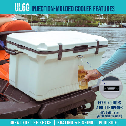 ENGEL 60 QT Ultra-Light Injection Molded Cooler - Ice Chest Keeps Ice up to 7 Days - Large Cooler Includes Wire Basket, Divider and Built-in Bottle Opener - White with Dark Grey Interior (White)