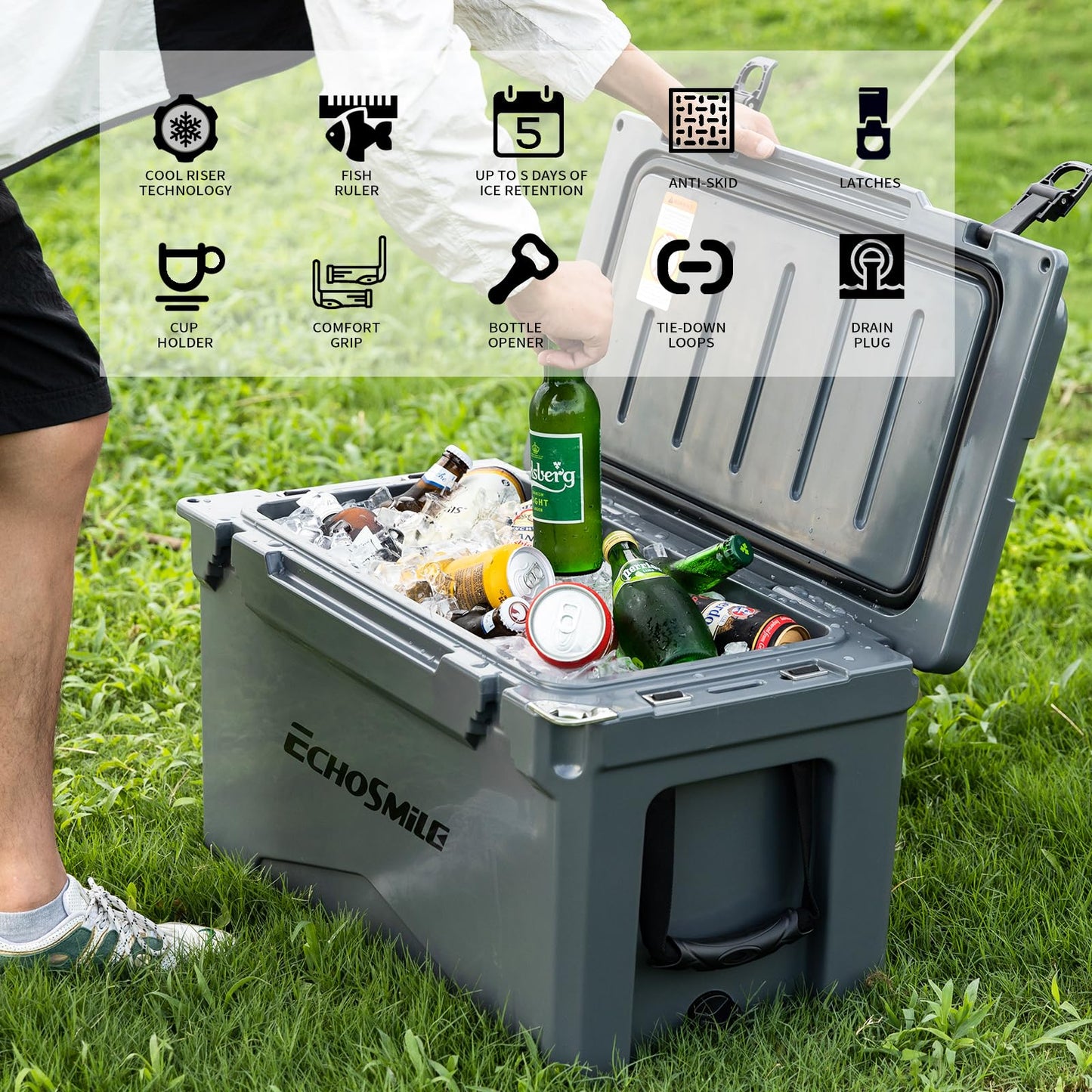 EchoSmile 25/30/35/40/60/75 Quart Rotomolded Cooler, Built to Stand up to The Rigors of The Journey