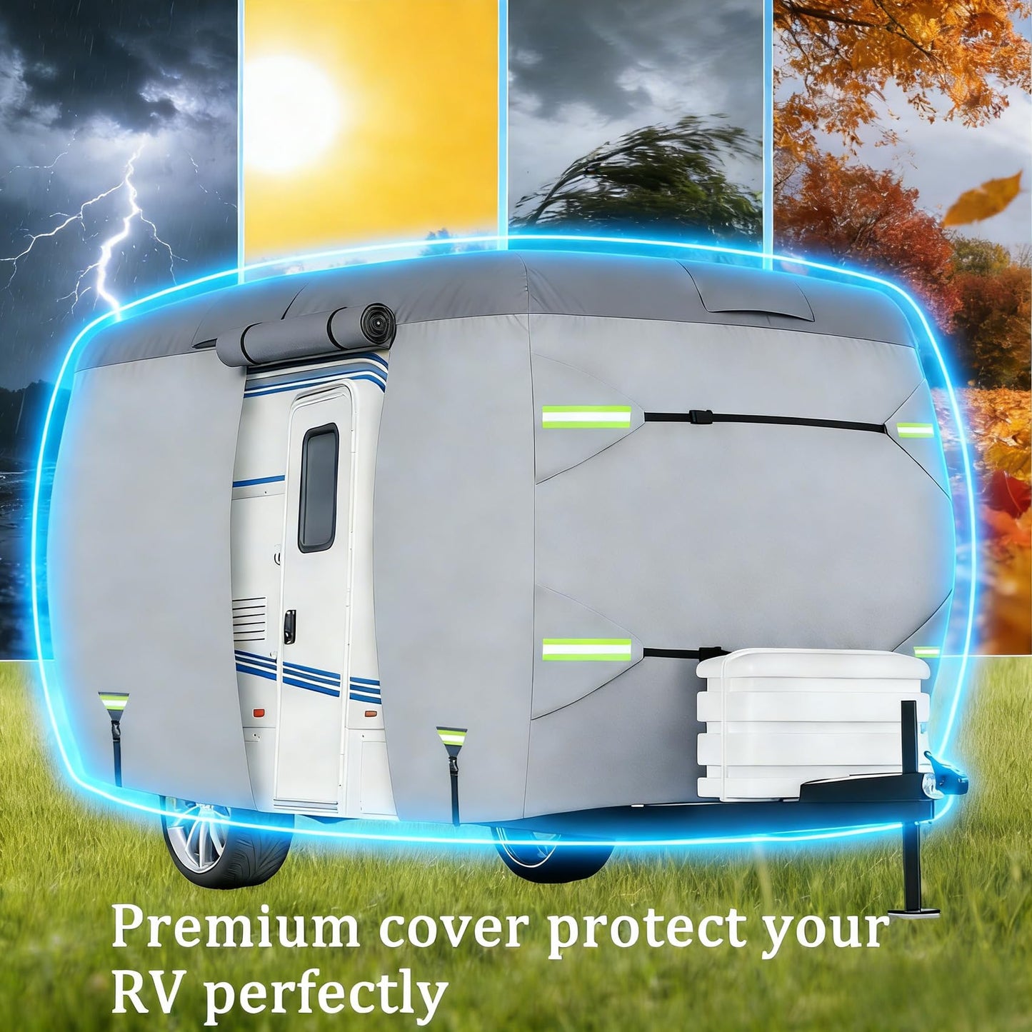 RV Cover, Travel Trailer, Lightweight Waterproof Camper Cover with Tire Covers, Tongne Jack Caps, Windproof Straps Winter Campsite,All-Weather Protection (13-16FT Fiberglass Travel Trailer Cover)