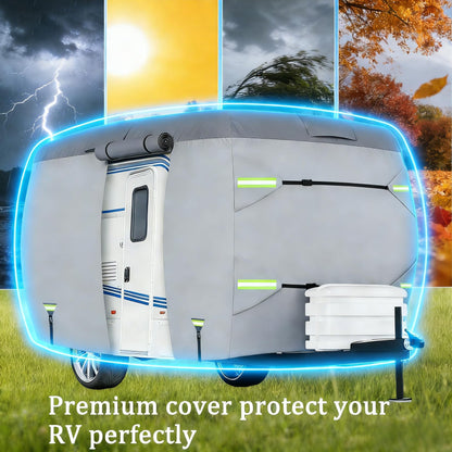 RV Cover, Travel Trailer, Lightweight Waterproof Camper Cover with Tire Covers, Tongne Jack Caps, Windproof Straps Winter Campsite,All-Weather Protection (13-16FT Fiberglass Travel Trailer Cover)