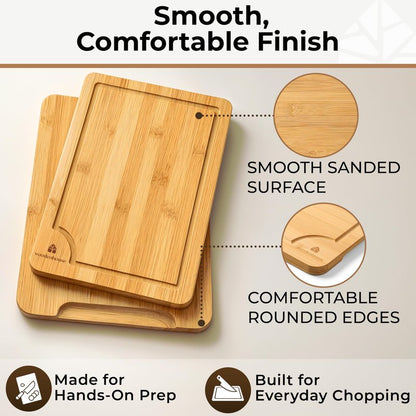 Set of 3 Bamboo Cutting Boards for Kitchen - Thick & Durable Wood Cutting Boards Set with Deep Juice Grooves & Build-in Handles, Large Surface, Easy to Clean – for Meat, Vegetables and Fruits