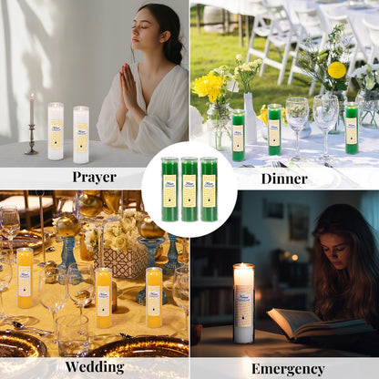 KONNI 2x8 Inch Green Pillar Candles in Glass Set of 3, Devotional Prayer Candle, Unscented Religious Candles, 105 Hours Emergency Long Burning, Ideal for Memorials, Vigil, Blessing