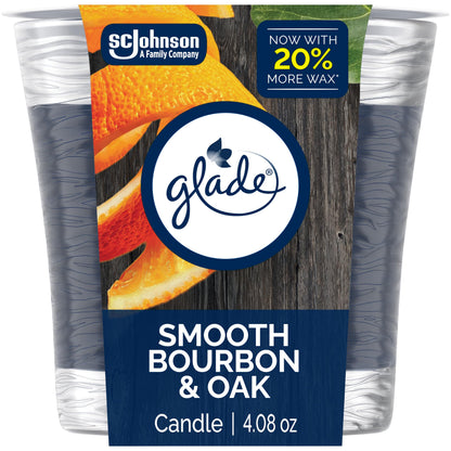 Glade 1-Wick Scented Candle Jar, Smooth Bourbon & Oak, Air Freshener Infused with Essential Oils, 4.08 Oz