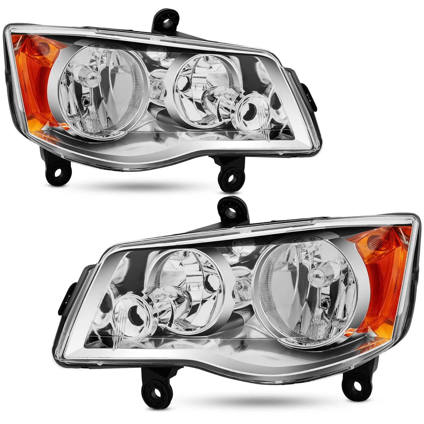 Reinko Headlight Assembly Compatible with 2011-2020 Dodge Grand Caravan / 2008-2016 Chrysler Town & Country Headlamp Chrome with Amber Reflector Factory Style Replacement Pair