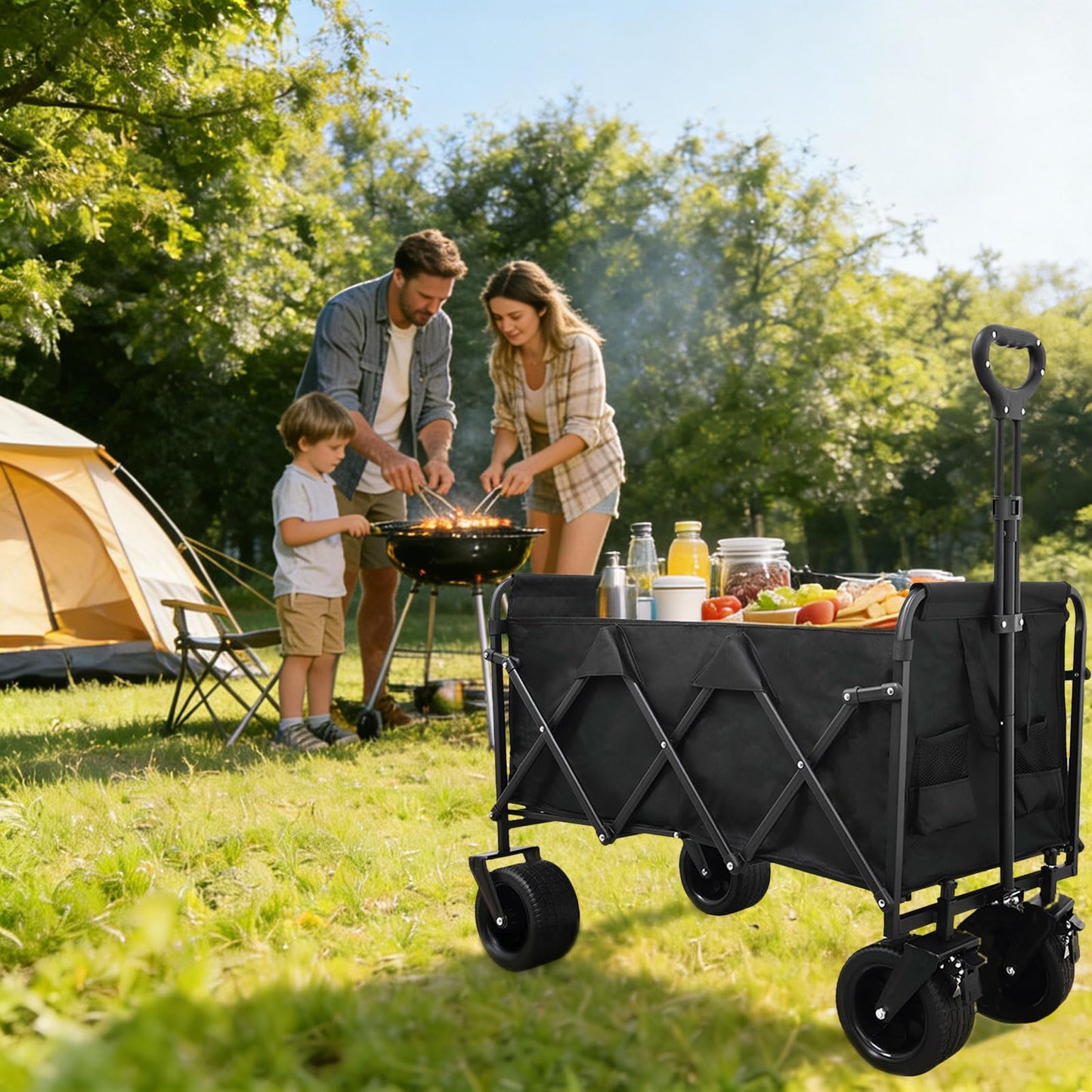 Tule Tuowu Heavy Duty Collapsible Wagon Cart, Foldable Camping Wagon with 110 cm Adjustable Handle, Big All-Terrain Wheels & Cup Holders, for Men, Heavy Hauling, Supermarket, Camping