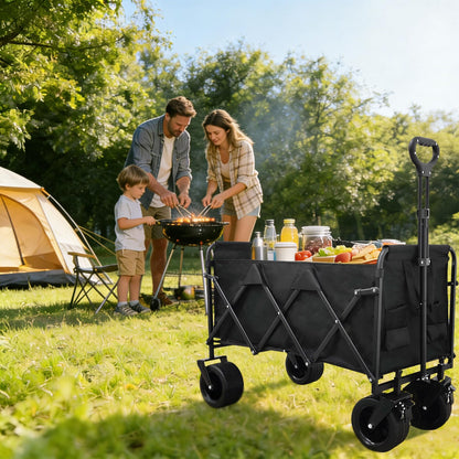 Tule Tuowu Heavy Duty Collapsible Wagon Cart, Foldable Camping Wagon with 110 cm Adjustable Handle, Big All-Terrain Wheels & Cup Holders, for Men, Heavy Hauling, Supermarket, Camping