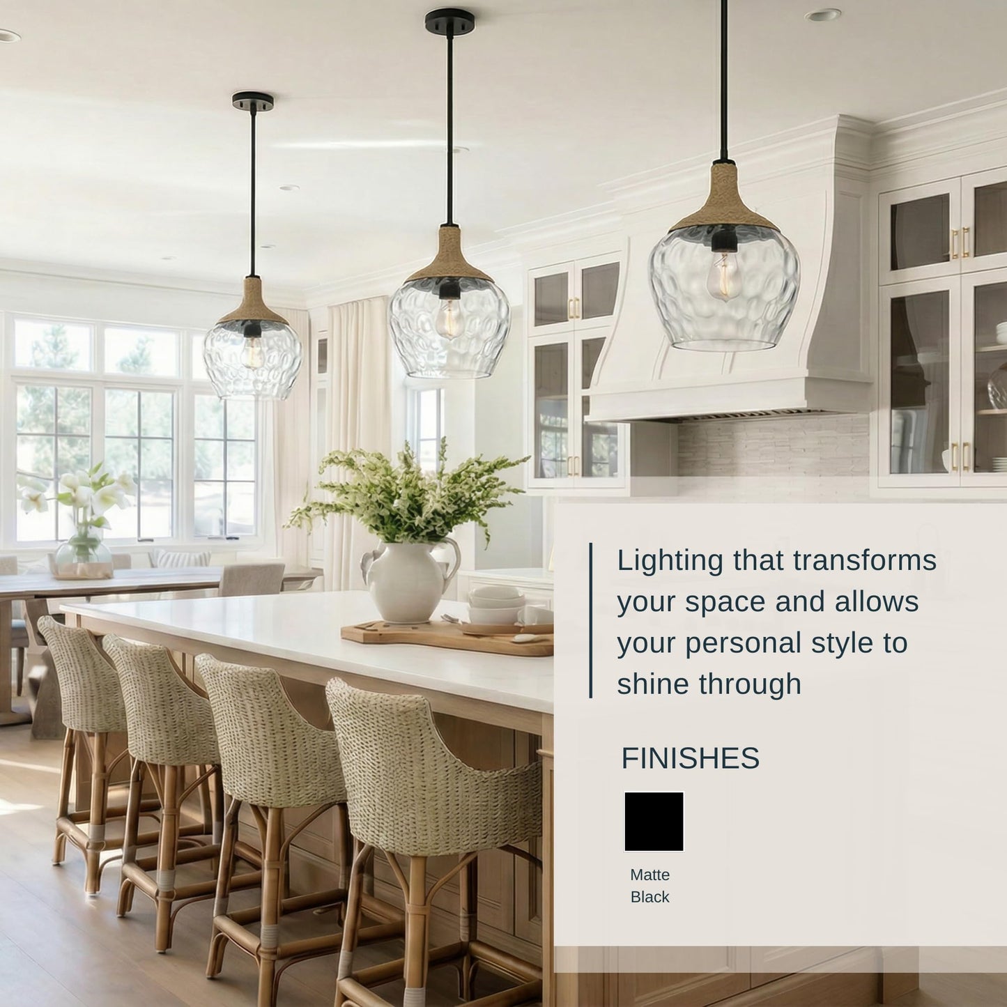 Quoizel Royer 1-Light Mini Pendant, Matte Black, Clear Water Glass with Rope Detail, Coastal Hanging Light for Kitchen, Bedroom or Bar