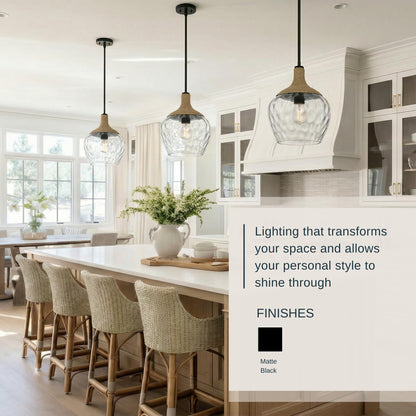 Quoizel Royer 1-Light Mini Pendant, Matte Black, Clear Water Glass with Rope Detail, Coastal Hanging Light for Kitchen, Bedroom or Bar