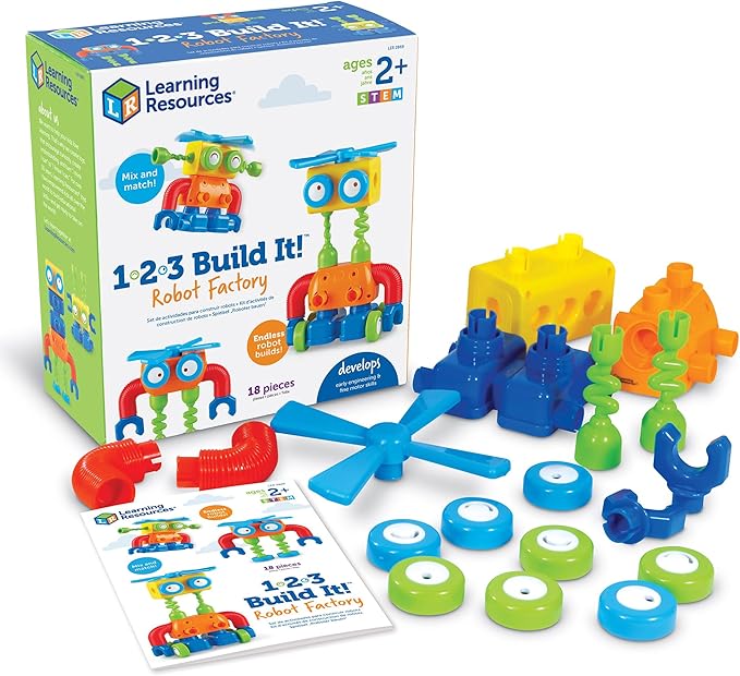 Learning Resources 1-2-3 Build It! Robot Factory - Building Toys Early Engineering and Science STEM Activities Fine Motor Skills Toddler Explorer Kit Construction Bots Boys and Girls Gifts