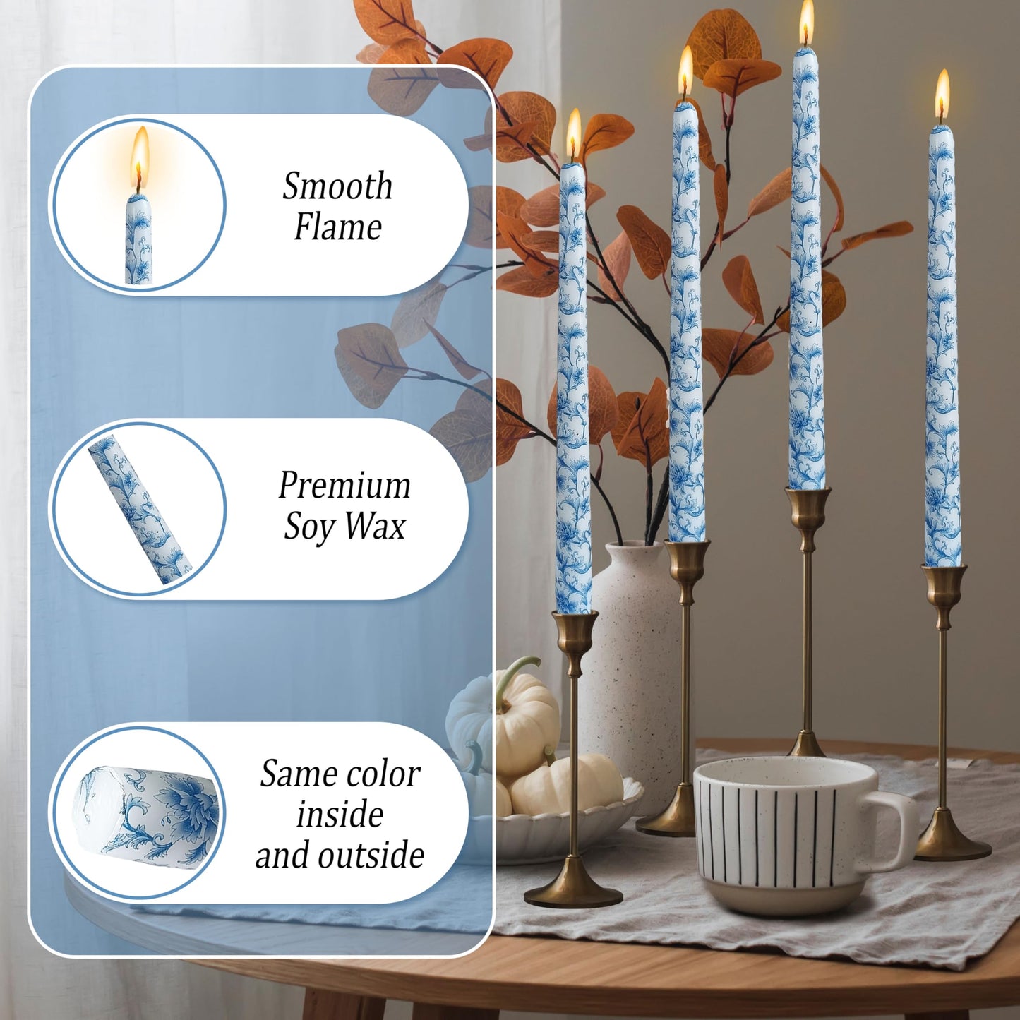 Floral Taper Candles 10inch Long Dripless Chinoiserie Candlesticks Blue and White Handmade Unscented Candle Sticks for Emergency Wedding Home Décor Festive Seasons Holiday 4pcs