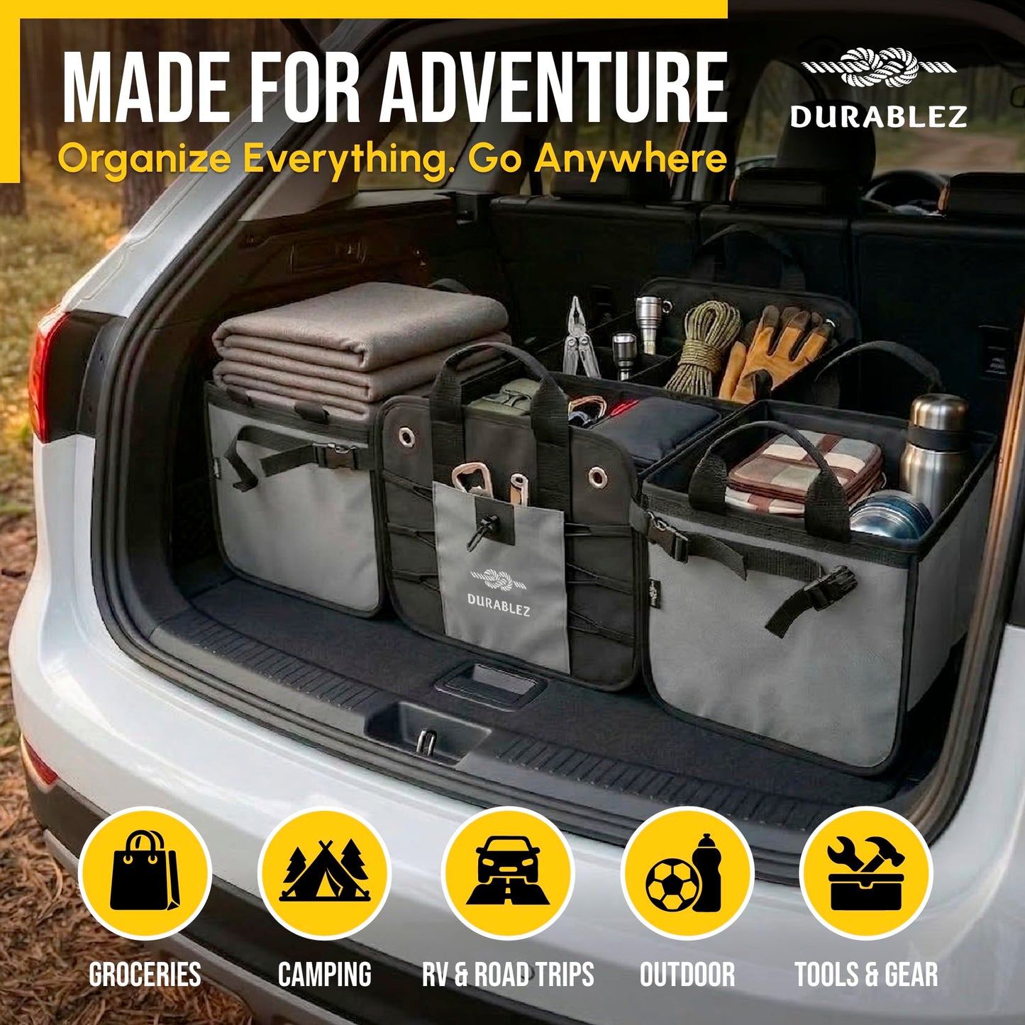 DURABLEZ Modular 5-Section Trunk Organizer XL – Car Storage for Groceries, Tools, Sports Gear, Emergency Kits – Extra Large Multi-Module Cargo Box, Foldable, Detachable, Heavy Duty Design – Gray