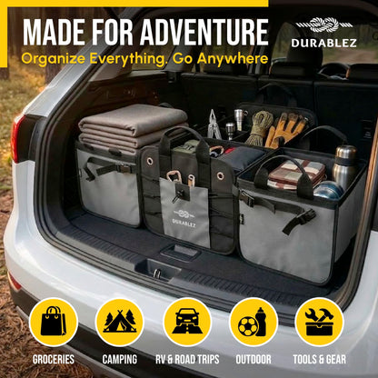 DURABLEZ Modular 5-Section Trunk Organizer XL – Car Storage for Groceries, Tools, Sports Gear, Emergency Kits – Extra Large Multi-Module Cargo Box, Foldable, Detachable, Heavy Duty Design – Gray
