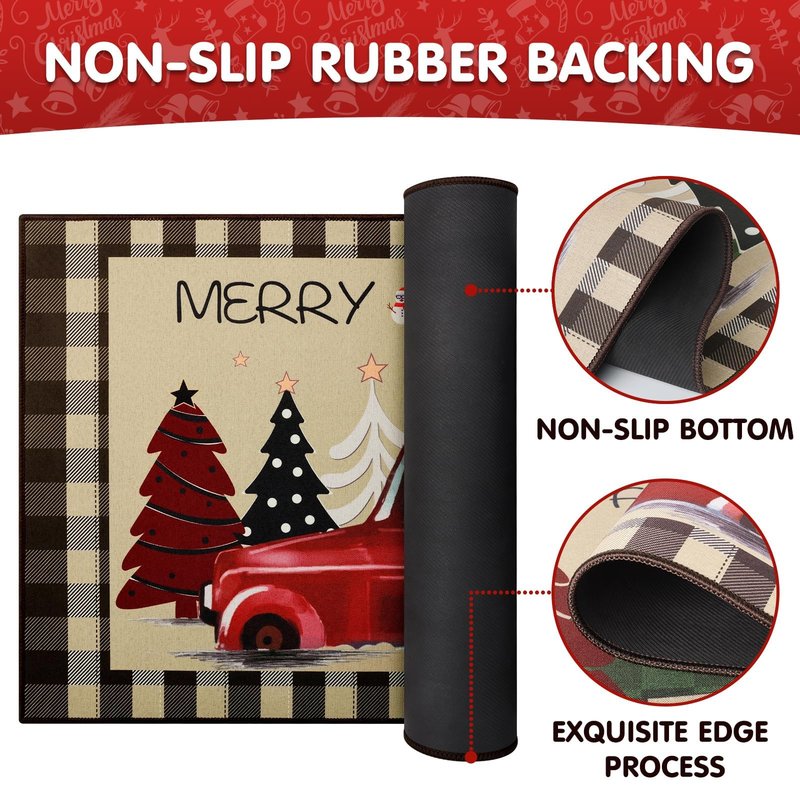 StepRite Kitchen Mats for Floor, 2 PCS Christmas Kitchen Rugs, Non-Slip Bottom with Christmas Tree Print, Low-Profile Mat for Home, Office, Sink, Kitchen,Hallway,Holiday Decor(17”x30”+17”x47”-Brown)