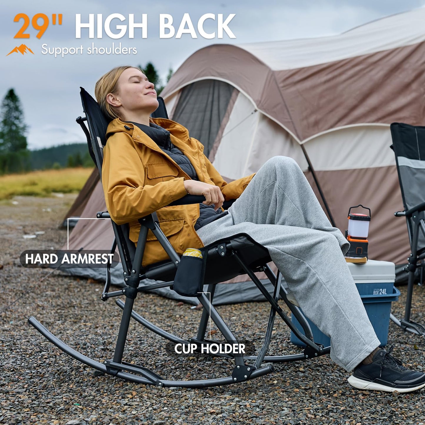 Portal Oversized Folding Rocking Camping Chair for Adults, Portable & Foldable Outdoor Lawn Rocker Chairs with High Back Hard Armrests Carry Bag for Outside, Camp, Patio, Supports 400lbs, Grey&Black