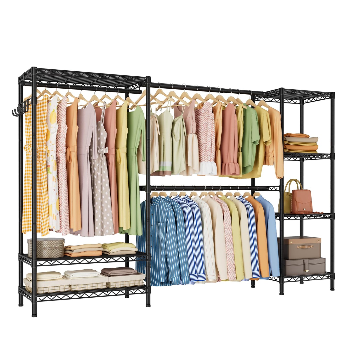 Golpart Heavy Duty Garment Rack Clothes Rack,Large Metal Closet Organizer System Storage Wardrobe,Freestanding Clothing Rack with 7 Adjustable Wire Shelves&3 Hang Rods,MaxLoad 1500lbs