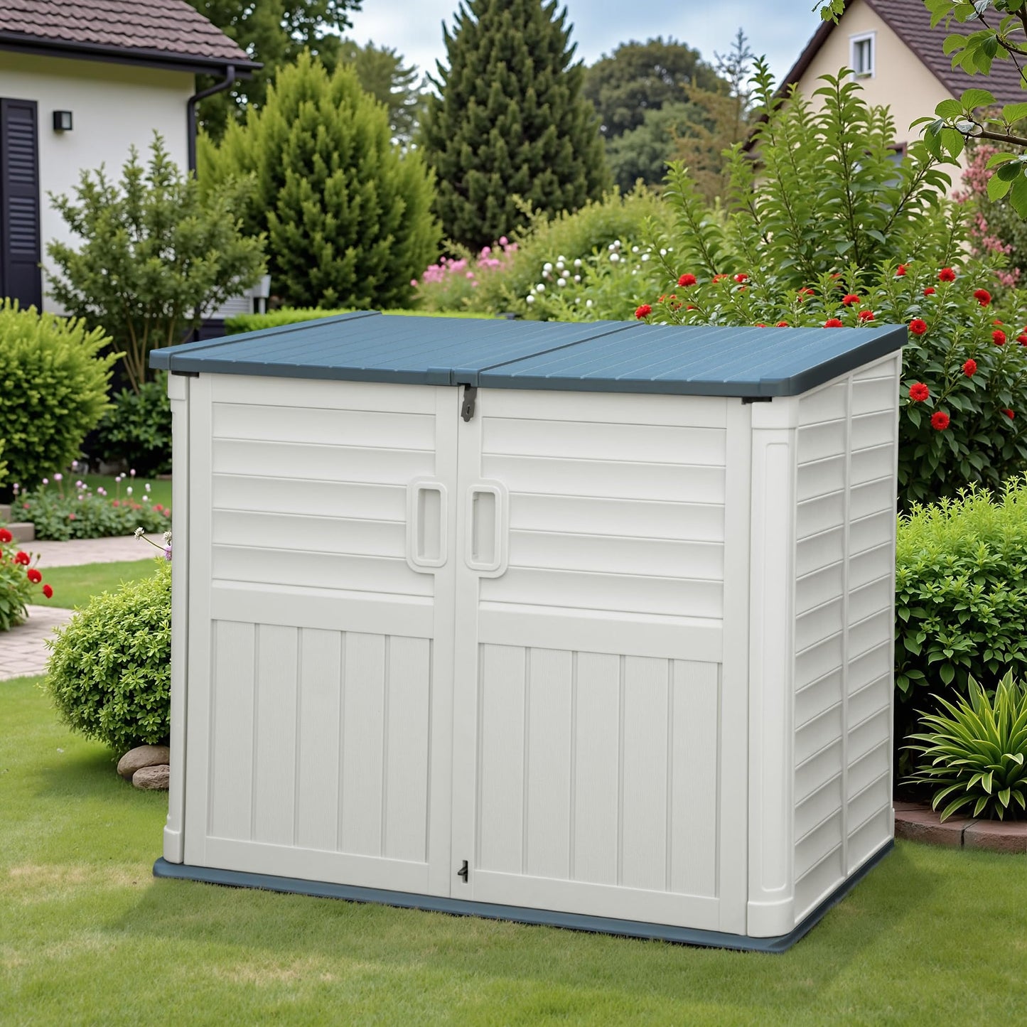 Greesum Outdoor Trash Can Storage Shed, 34 Cu.ft Waterproof Horizontal Storage Shed, Portable Horizontal Resin Storage Shed for Garden, Backyard, Patio, White