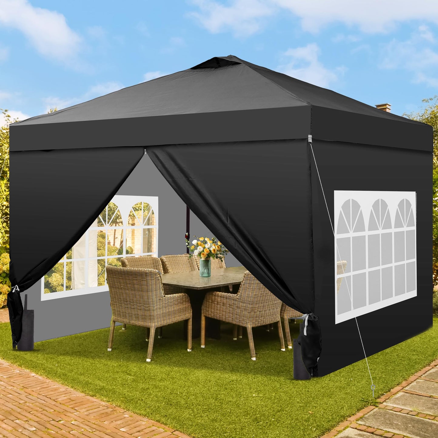 GDY 10x10 Pop Up Canopy Tent with 4 Sidewalls, Easy Set up with One Push Lift Outdoor Silver Coated Beach Gazebos, Carpas with 4 Sandbags, for Events, Parties,Camping, Black.