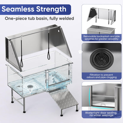 Flying Pig 50" Stainless Steel Pet Dog Grooming Bath Tub with Walk-in Ramp & Accessories (Right Door/Left Drain)