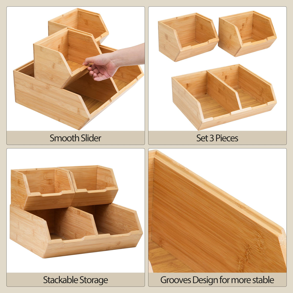 Pantry Storage Bins 3-Pack, Stackable Bamboo Containers for Potato & Onion Storage, Kitchen Organization & Decor (3pcs)