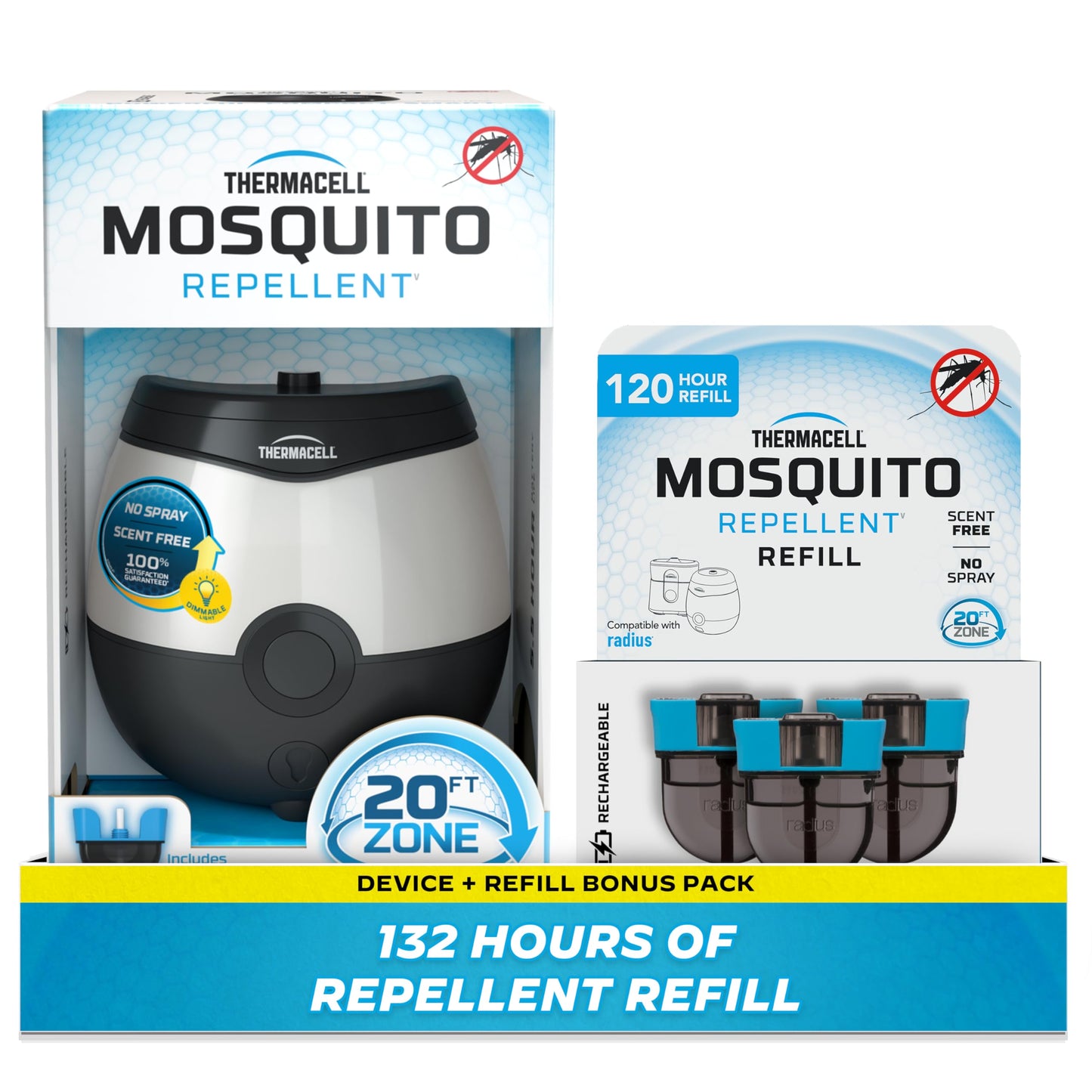 Thermacell E-Series Rechargeable Mosquito Repeller + 120-Hr Refill Bundle; 20’ Mosquito Protection Zone; 136 Hours of Protection; No Flame or Scent; Bug Spray and Bug Zapper Alternative