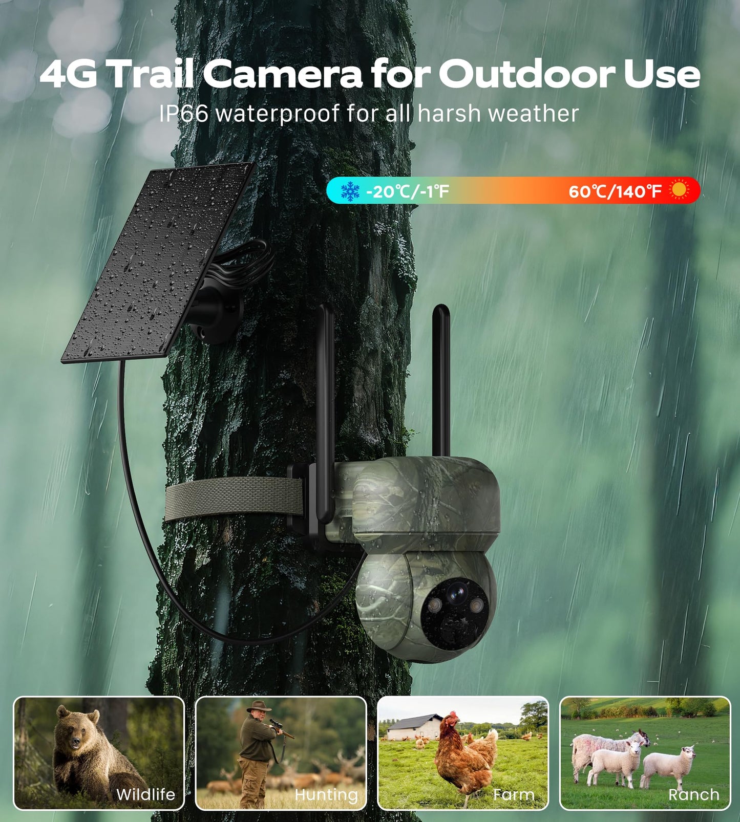 2Pack 4G LTE Cellular Trail Camera Solar: 2K Game Cameras Built-in SIM Card Hunting Cameras Wireless Battery with PTZ 360° Color Night Vision Motion Activated IP66 for Wildlife(No Support WiFi)