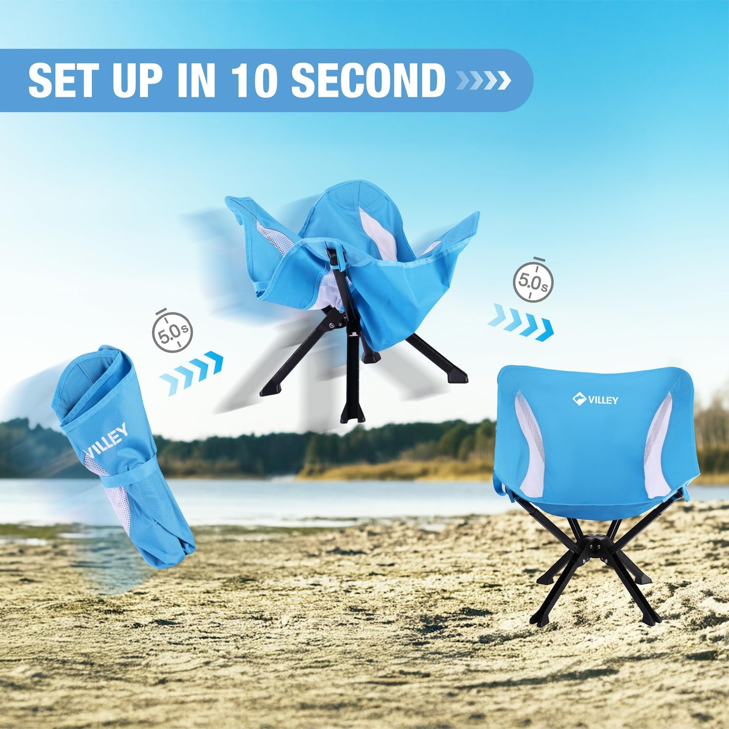 VILLEY Portable Folding Chair Lightweight Camping Chair No Assembly Needed, Quick Setup for Beach, Hiking, Supports 330 LBS, Blue, 2 Pack